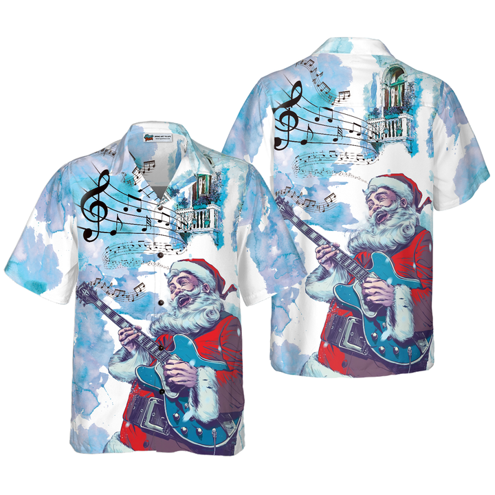 Lune London | Chemises hawaïennes de Noël Hyperfavor, chemise à motif de musique de guitare du Père Noël à manches courtes, idée de chemises de Noël cadeaux pour hommes et femmes