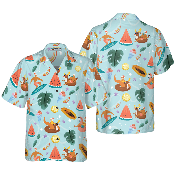 Lune London | Hyperfavor Santa Beach 2 Motif Chemise Hawaii, Chemises de Noël à manches courtes chemise à bouton pour hommes et femmes