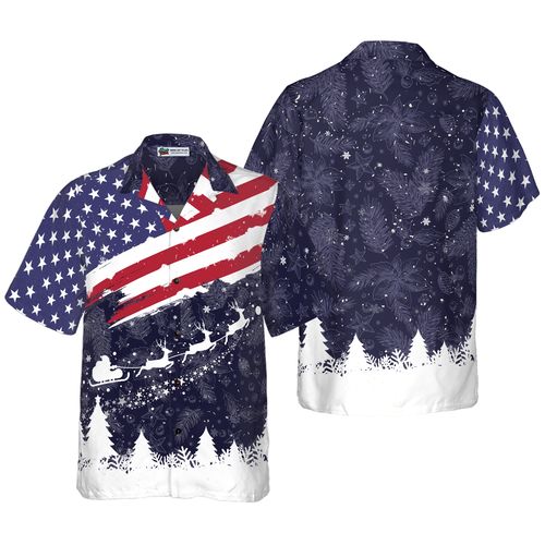 Lune London | Christmas Hyperfavor Hawaiian Shirts, Short Sleeve USA Flag Print Merry Christmas T-Shirt, Christmas Gift Shirt Idea for Men and Women
