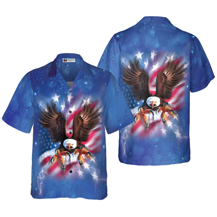 Lune London | Christmas Hawaiian T-shirts for men and women Hyperfavor, flying eagle with American flag button-up shirt short sleeve