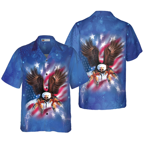 Lune London | Christmas Hawaiian T-shirts for men and women Hyperfavor, flying eagle with American flag button-up shirt short sleeve
