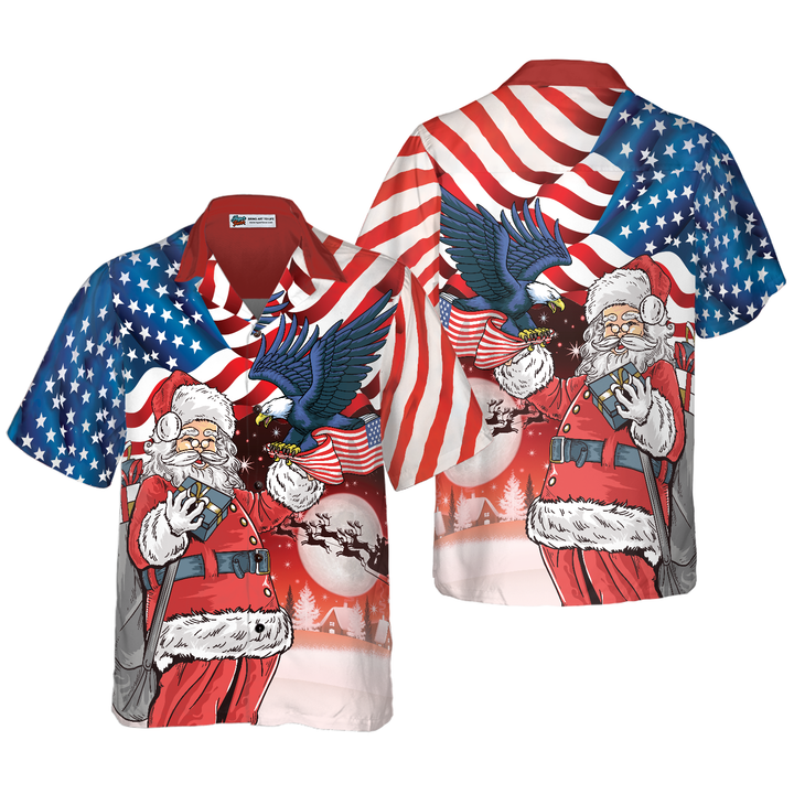 Lune London | Eagle, sitting on Santa Claus's hand with an American flag, Hawaiian shirt, gift idea for Christmas shirts for men and women
