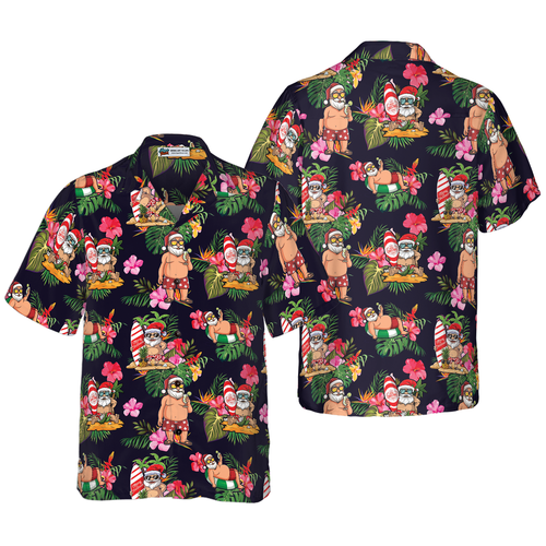 Lune London | Hyperfavor Christmas Hawaiian Shirt, Santa with Tropical Floral Pattern Short Sleeve T-Shirt, Christmas Gift Idea for Men and Women