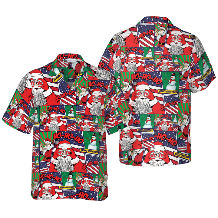 Lune London | Hawaiian shirts, Santa with American flag cartoon style short sleeve shirt, Christmas gift idea for men and women
