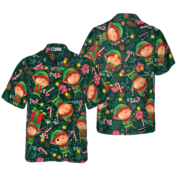 Lune London | Hawaiian shirts Hyperfavor Christmas, The short-sleeve Christmas Elf shirt with dark green pattern, Christmas shirt gift idea for men and women