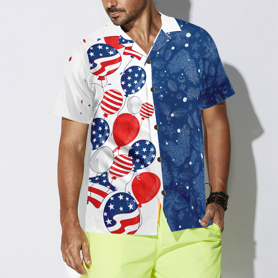 Lune London | Hyperfavor Christmas USA Balloons Pattern Hawaii Shirt, Christmas Short Sleeve Button-Up Shirt for Men and Women