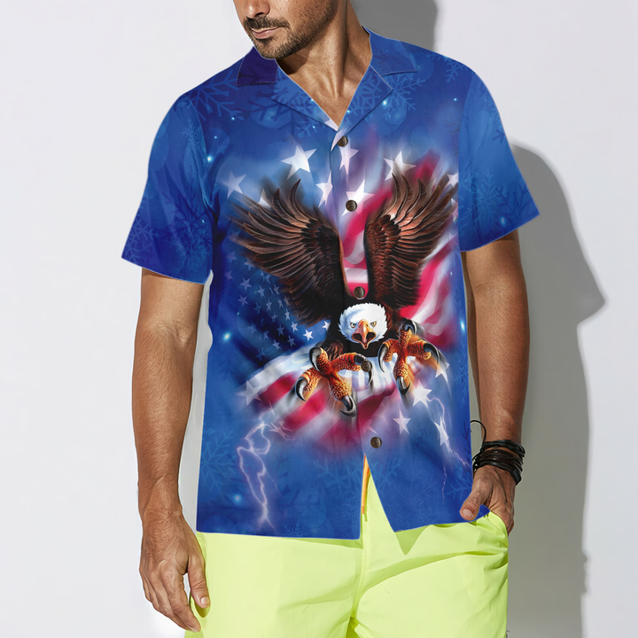 Lune London | Christmas Hawaiian T-shirts for men and women Hyperfavor, flying eagle with American flag button-up shirt short sleeve