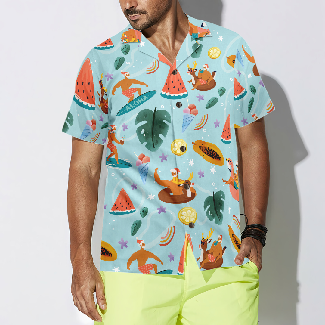 Lune London | Hyperfavor Santa Beach 2 Motif Chemise Hawaii, Chemises de Noël à manches courtes chemise à bouton pour hommes et femmes