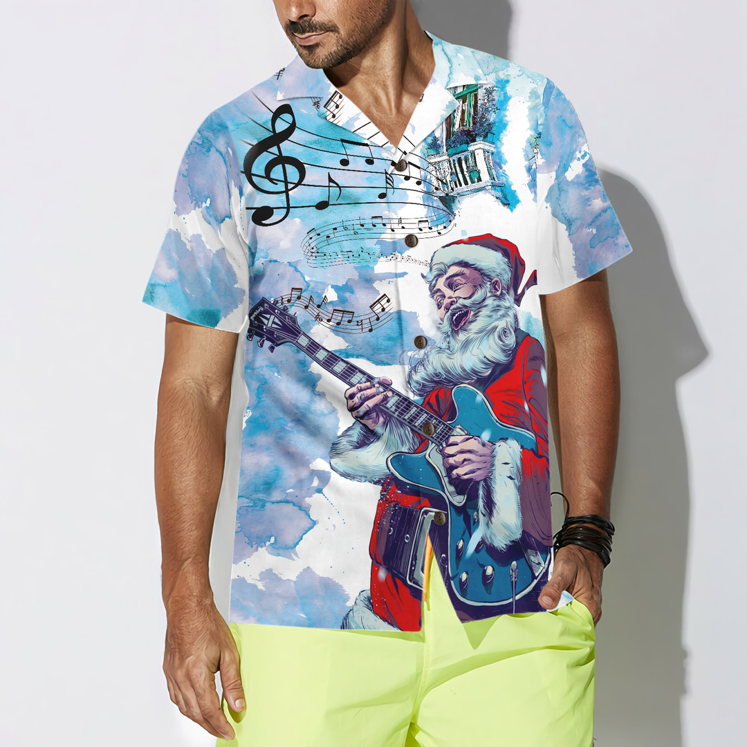 Lune London | Chemises hawaïennes de Noël Hyperfavor, chemise à motif de musique de guitare du Père Noël à manches courtes, idée de chemises de Noël cadeaux pour hommes et femmes