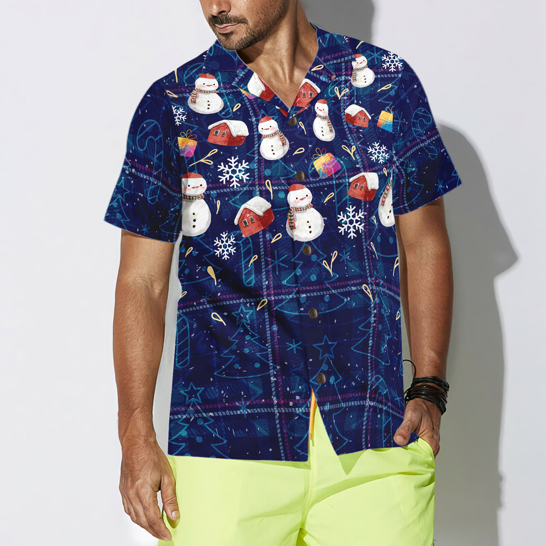 Lune London | Hyperfavor Christmas Hawaiian Shirts, dark blue plaid shirt with snowman patterns and short sleeves, Christmas shirt gift idea for men and women