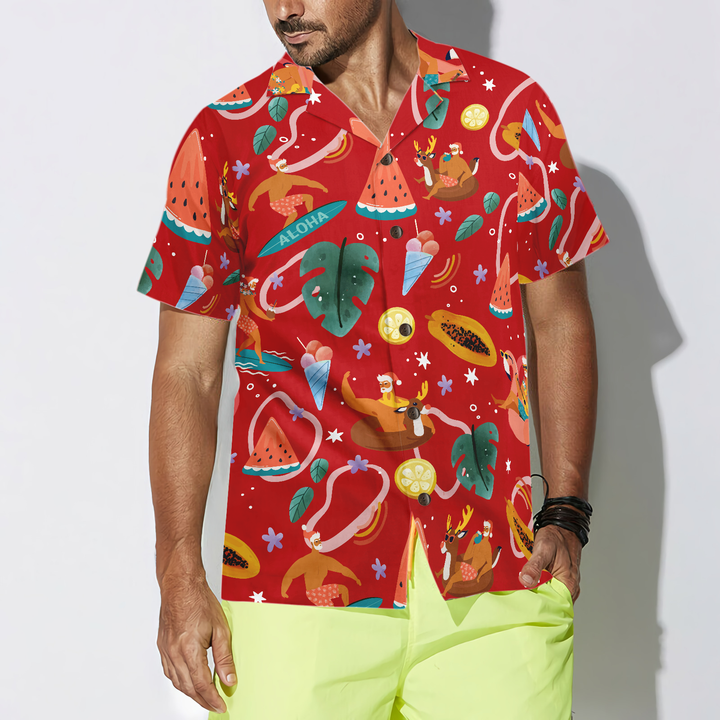 Lune London | Hyperfavor Santa Surfing 3 Motif Hawaiian Shirt, Christmas Short Sleeve Button-Up Shirt for Men and Women