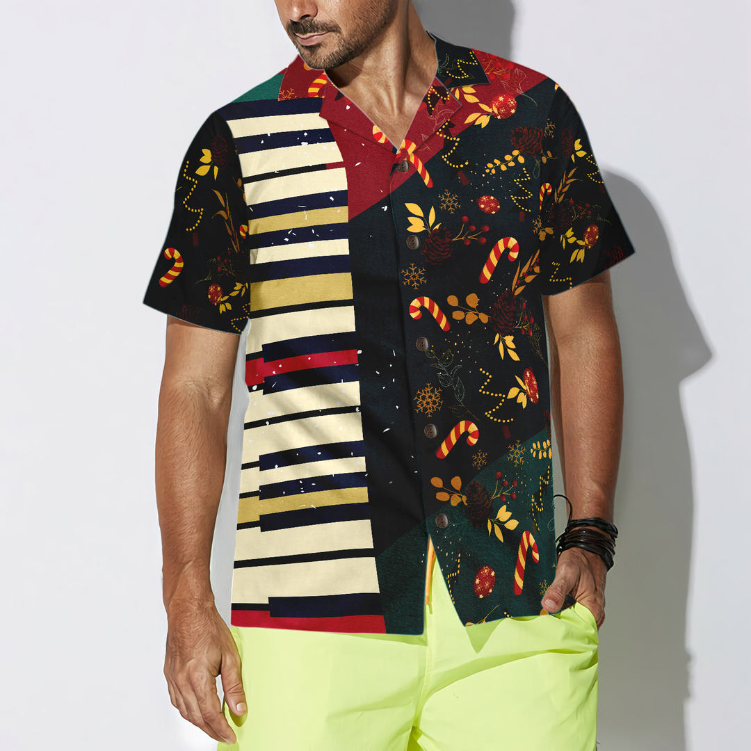 Lune London | Hyperfavor Christmas pattern with piano Hawaiian shirt, short sleeve Christmas shirts button-up for men and women