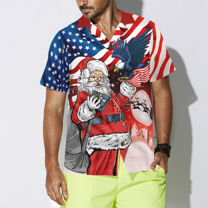 Lune London | Eagle, sitting on Santa Claus's hand with an American flag, Hawaiian shirt, gift idea for Christmas shirts for men and women