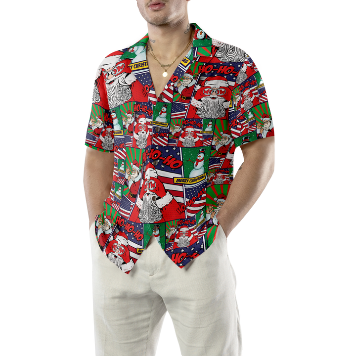 Lune London | Hawaiian shirts, Santa with American flag cartoon style short sleeve shirt, Christmas gift idea for men and women
