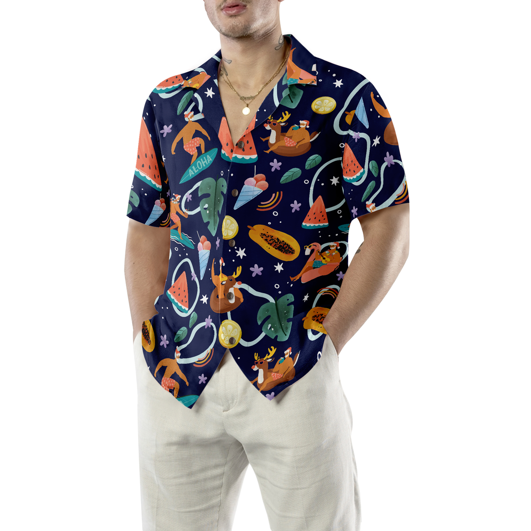 Lune London | Hyperfavor Santa Beach 1 Motif Chemise hawaïenne, Chemises de Noël à manches courtes Chemise à bouton pour hommes et femmes