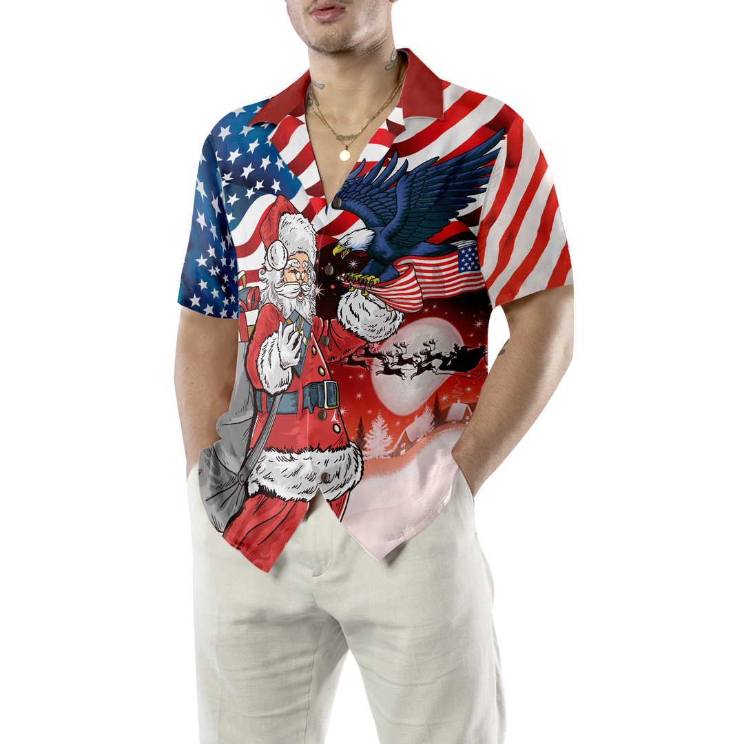 Lune London | Eagle, sitting on Santa Claus's hand with an American flag, Hawaiian shirt, gift idea for Christmas shirts for men and women