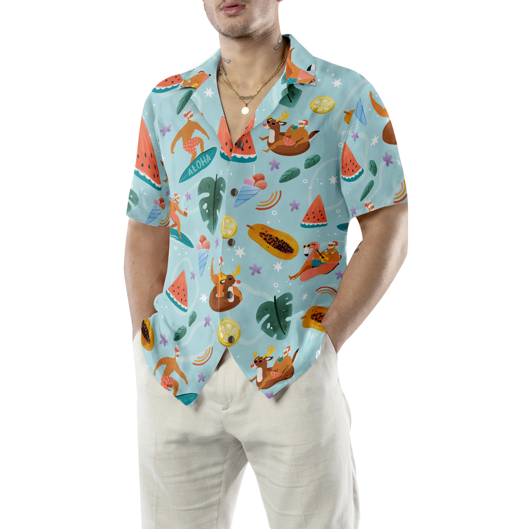 Lune London | Hyperfavor Santa Beach 2 Motif Chemise Hawaii, Chemises de Noël à manches courtes chemise à bouton pour hommes et femmes