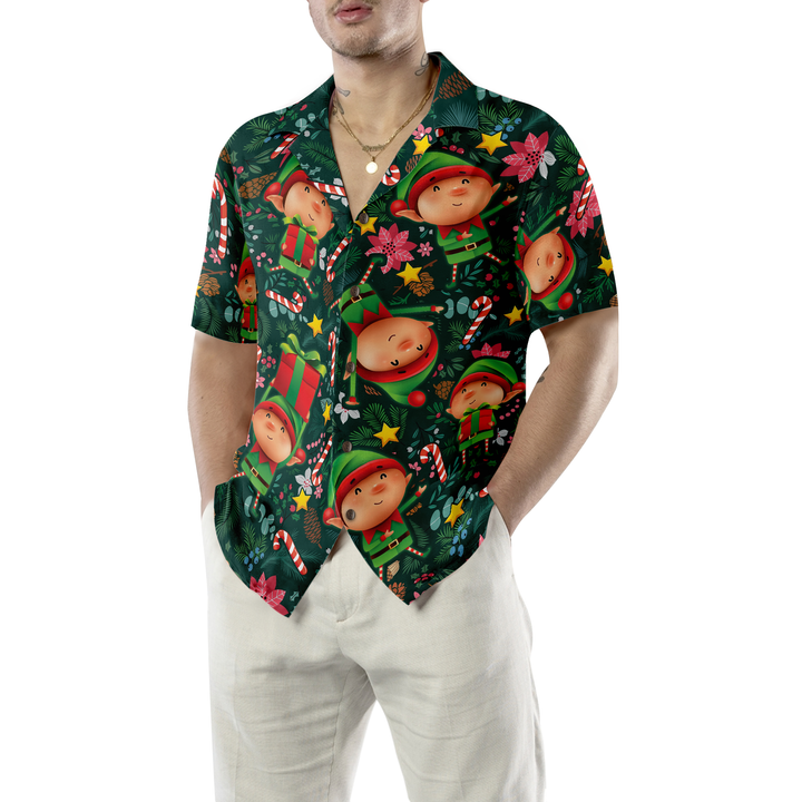 Lune London | Hawaiian shirts Hyperfavor Christmas, The short-sleeve Christmas Elf shirt with dark green pattern, Christmas shirt gift idea for men and women