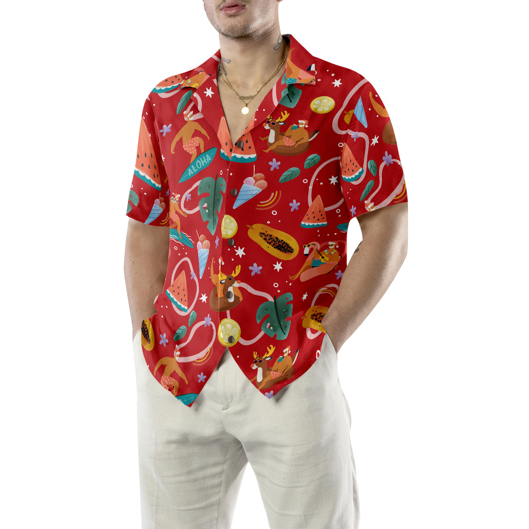 Lune London | Hyperfavor Santa Surfing 3 Motif Hawaiian Shirt, Christmas Short Sleeve Button-Up Shirt for Men and Women