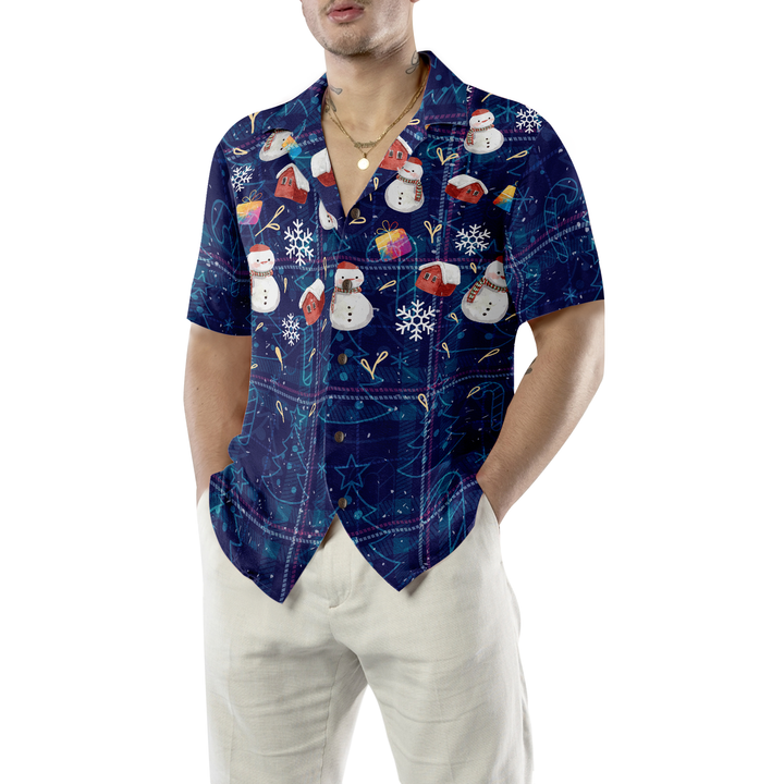 Lune London | Hyperfavor Christmas Hawaiian Shirts, dark blue plaid shirt with snowman patterns and short sleeves, Christmas shirt gift idea for men and women