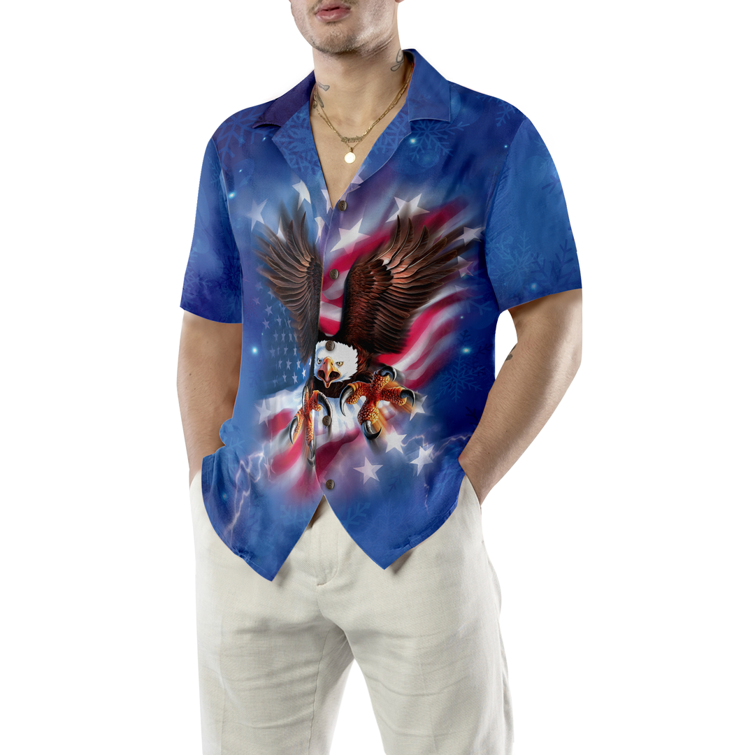 Lune London | Christmas Hawaiian T-shirts for men and women Hyperfavor, flying eagle with American flag button-up shirt short sleeve