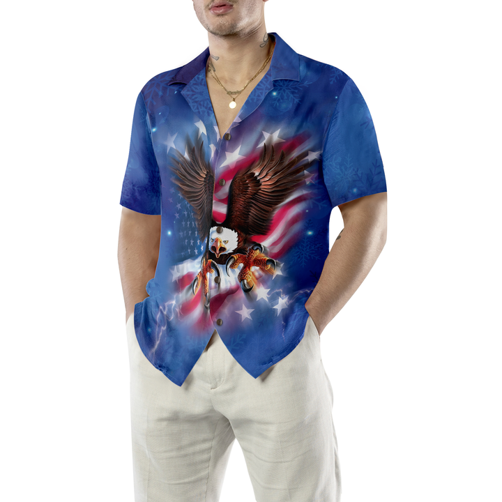 Lune London | Christmas Hawaiian T-shirts for men and women Hyperfavor, flying eagle with American flag button-up shirt short sleeve