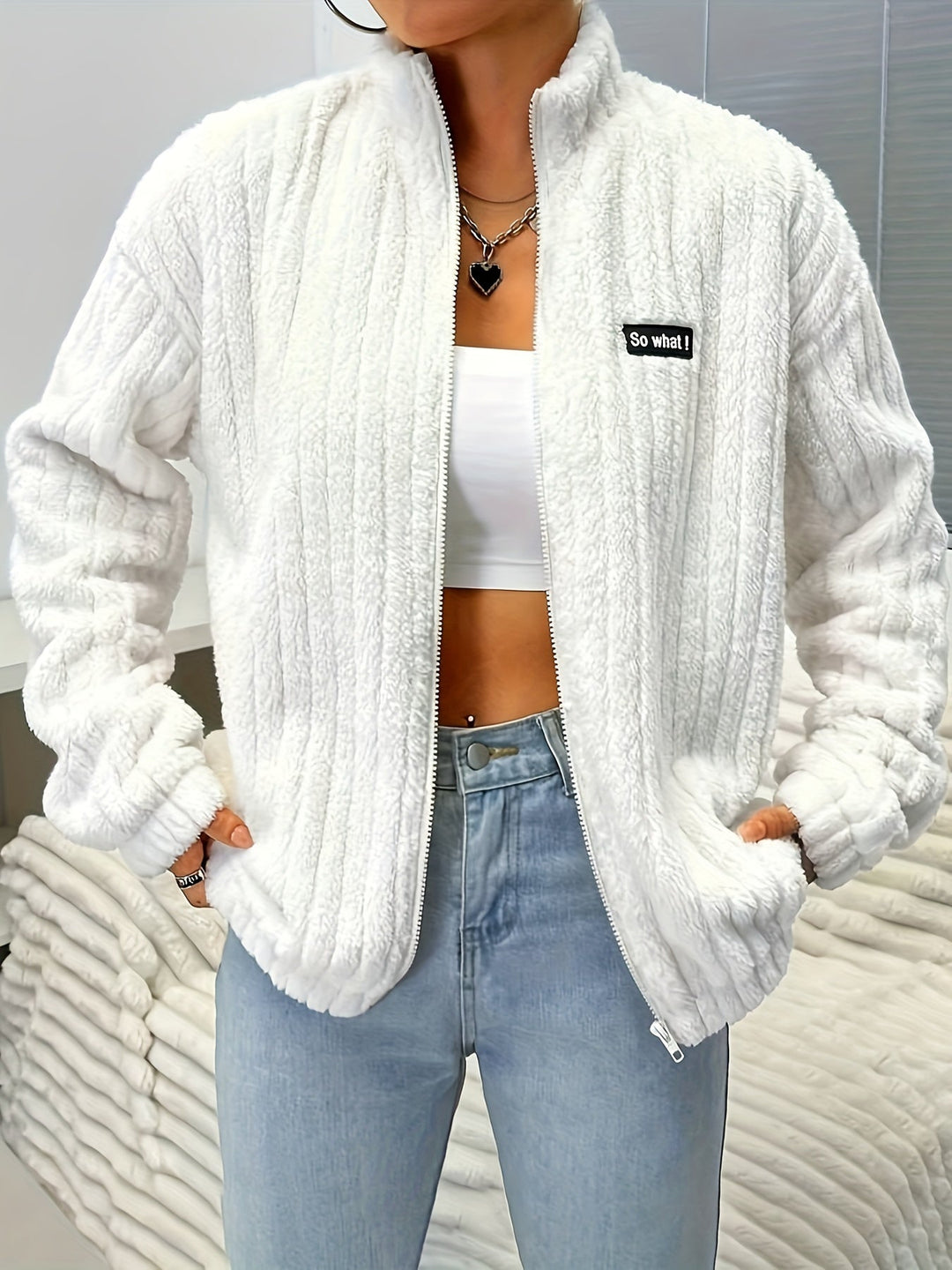 Lune London | Zipper teddy jacket with ribbing and long sleeves