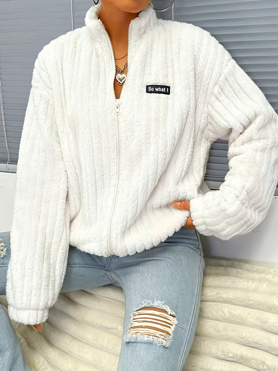 Lune London | Zipper teddy jacket with ribbing and long sleeves