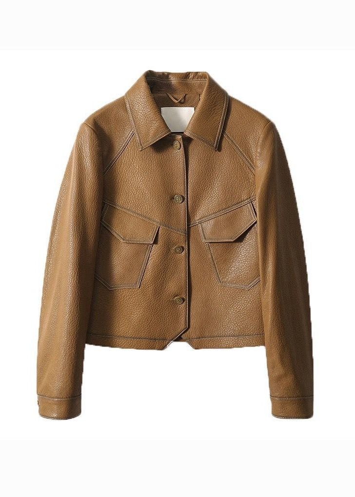 Lune London | Faux leather jacket – Short-cut button placket in caramel brown