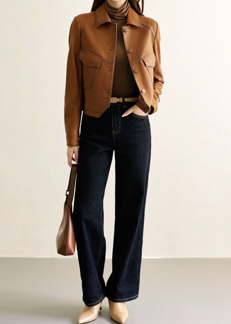 Lune London | Faux leather jacket – Short-cut button placket in caramel brown