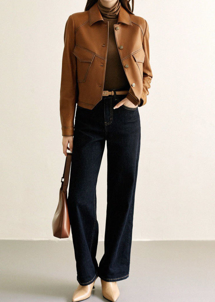 Lune London | Faux leather jacket – Short-cut button placket in caramel brown