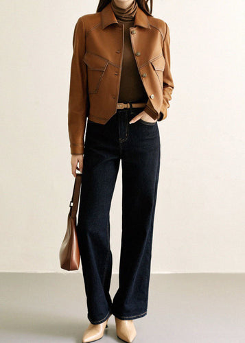 Lune London | Faux leather jacket – Short-cut button placket in caramel brown