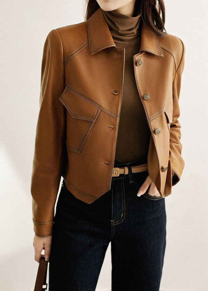 Lune London | Faux leather jacket – Short-cut button placket in caramel brown