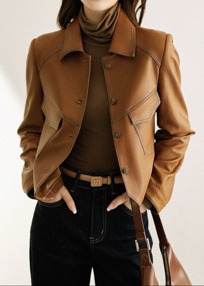 Lune London | Faux leather jacket – Short-cut button placket in caramel brown