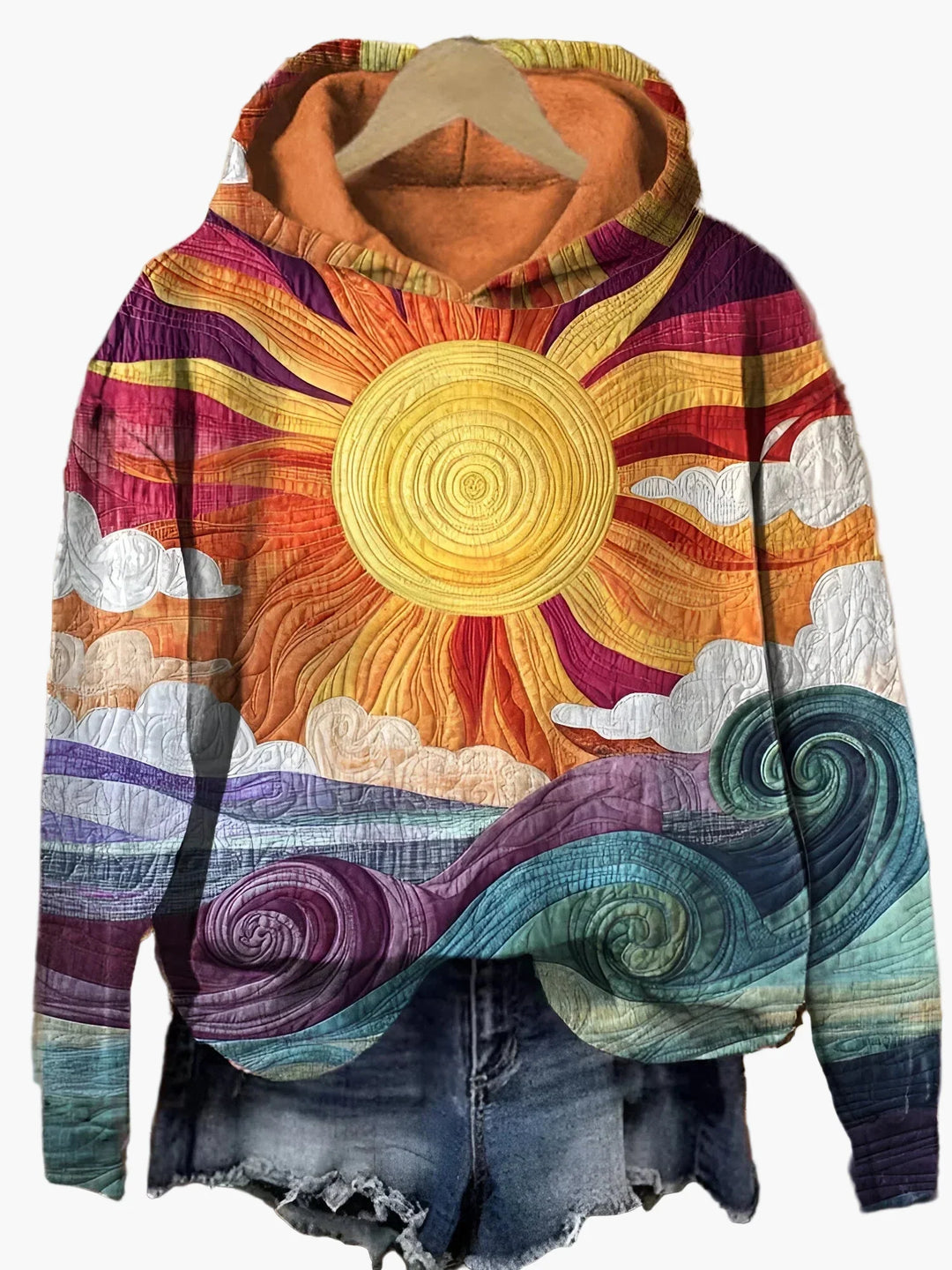 Lune London | Hoodie with Artistic Pattern of Sun and Waves - Casual Boho Sweater for Daily Wear and Festivals