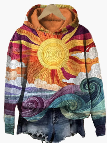 Lune London | Hoodie with Artistic Pattern of Sun and Waves - Casual Boho Sweater for Daily Wear and Festivals