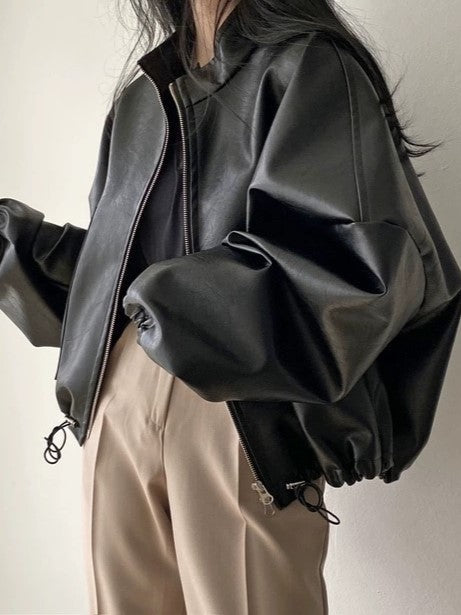 Lune London | Vintage Drawstring Vegan Leather Jacket with Collar