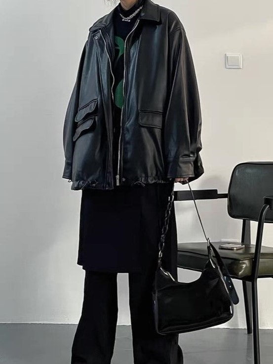 Lune London | Oversized black vegan leather jacket with zipper