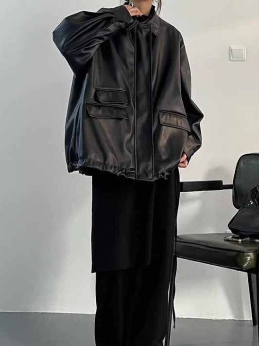 Lune London | Oversized black vegan leather jacket with zipper