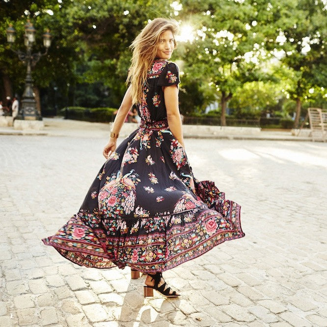 Lune London | Short Sleeve Plunging Ethnic Print Gypsy Dress