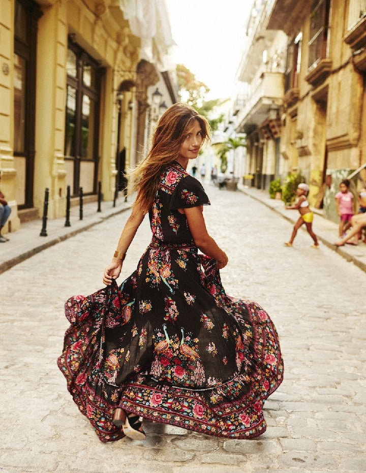 Lune London | Short Sleeve Plunging Ethnic Print Gypsy Dress