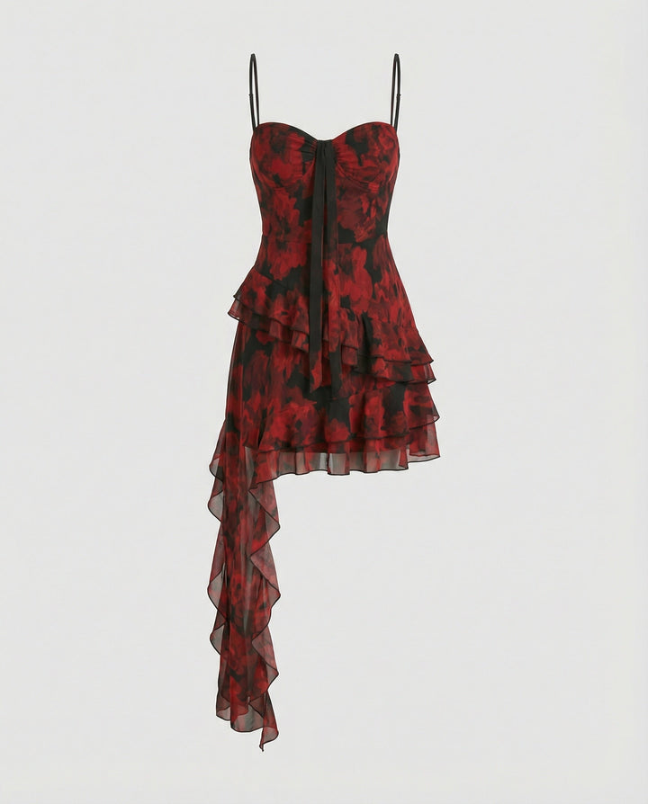 Women's Playful Mini Dress with Asymmetric Cut and Exciting Floral Design