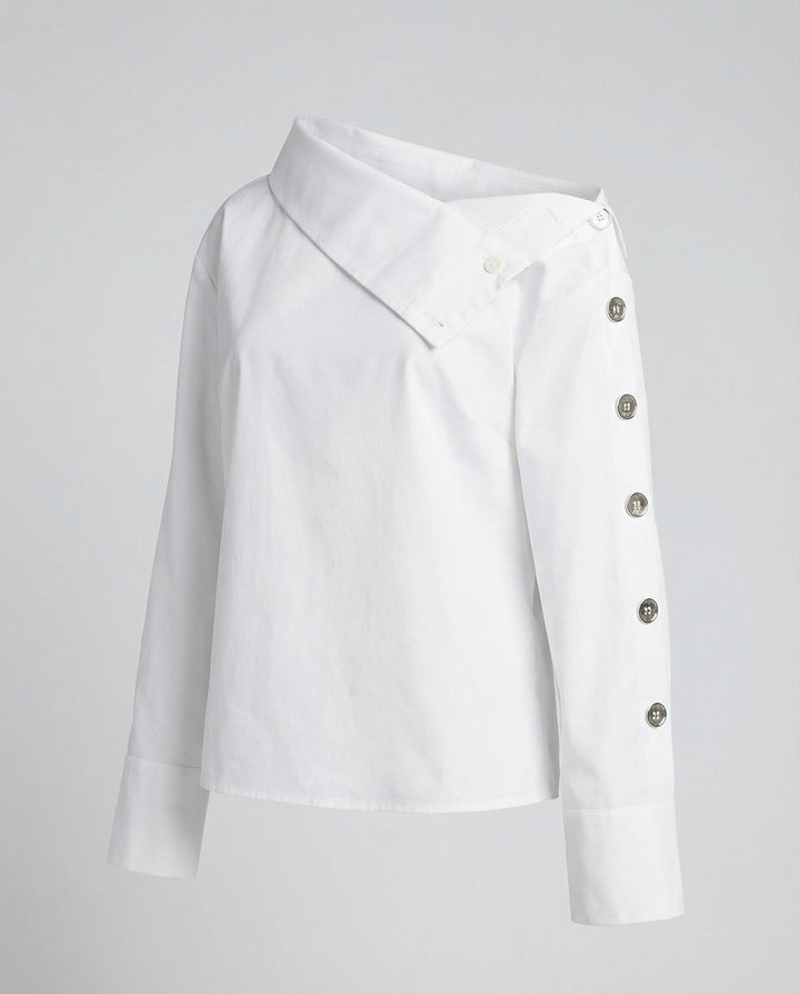 Women’s Cotton-Blend Blouse with Stand-Up Collar & Buckle Detail | Lune London