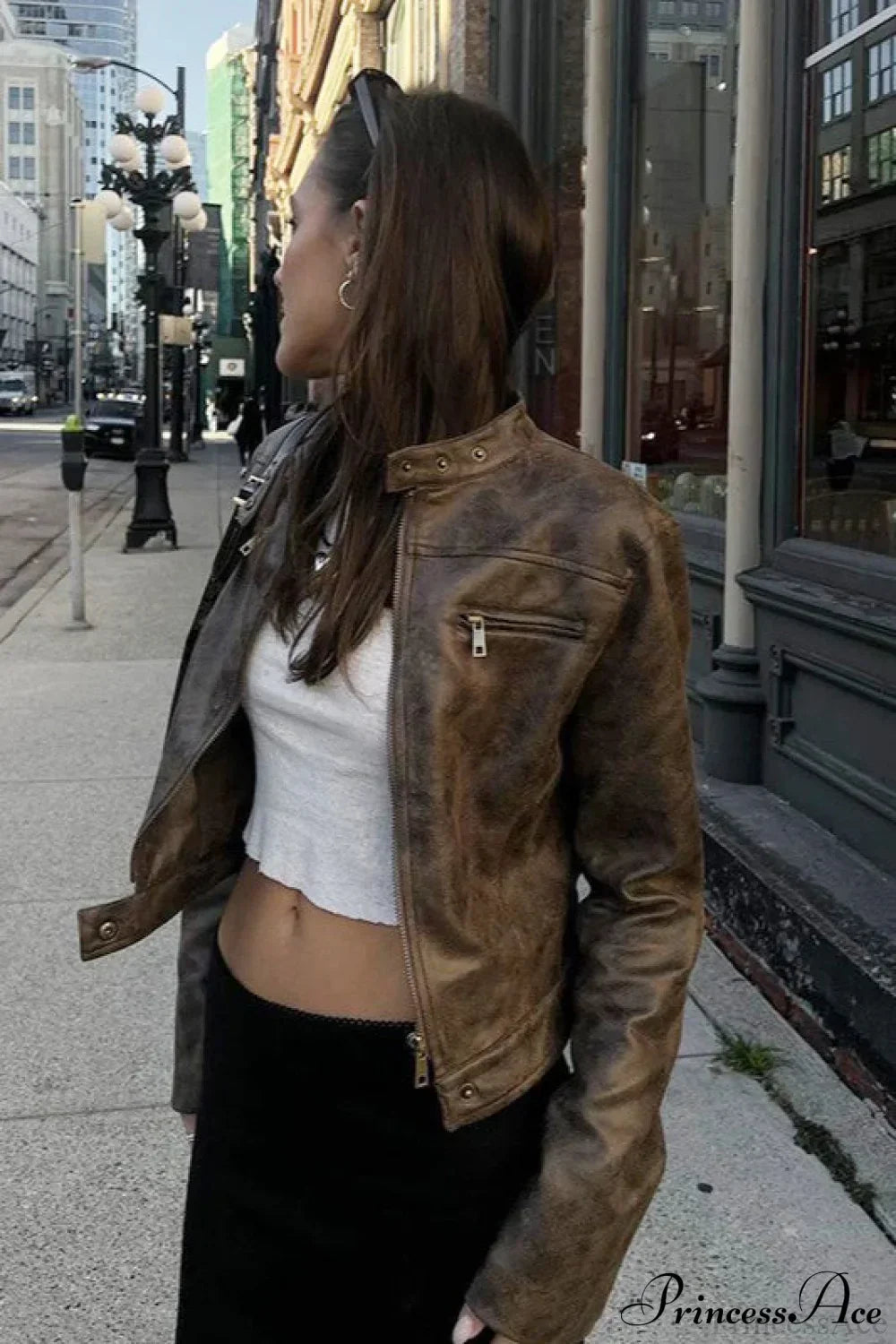 Lune London | Worn Coffee Cropped Stand Collar PU Jacket
