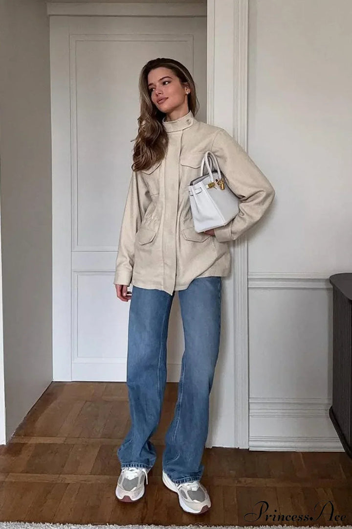 Lune London | Solid Color Collar Elastic Waist Long Sleeve Trench Coat