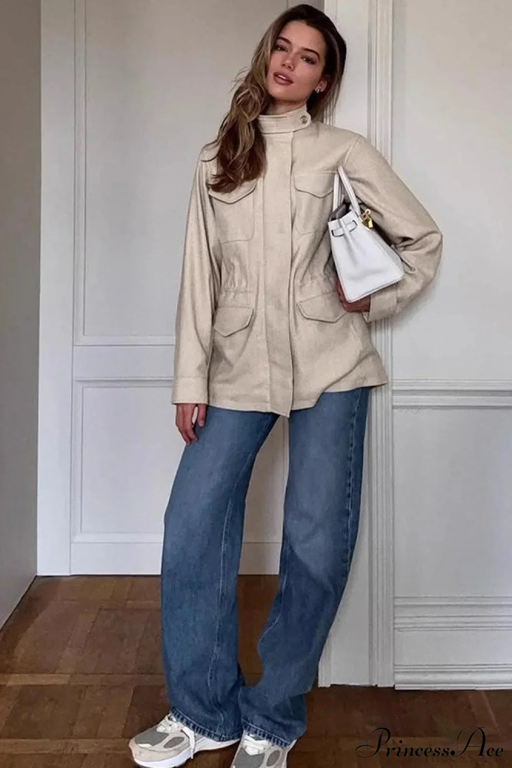 Lune London | Solid Color Collar Elastic Waist Long Sleeve Trench Coat