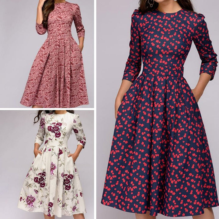 Lune London | Casual mid-length dress with round neck floral print and pockets