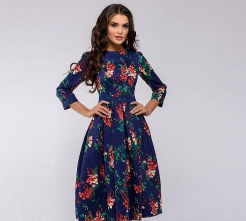 Lune London | Casual mid-length dress with round neck floral print and pockets