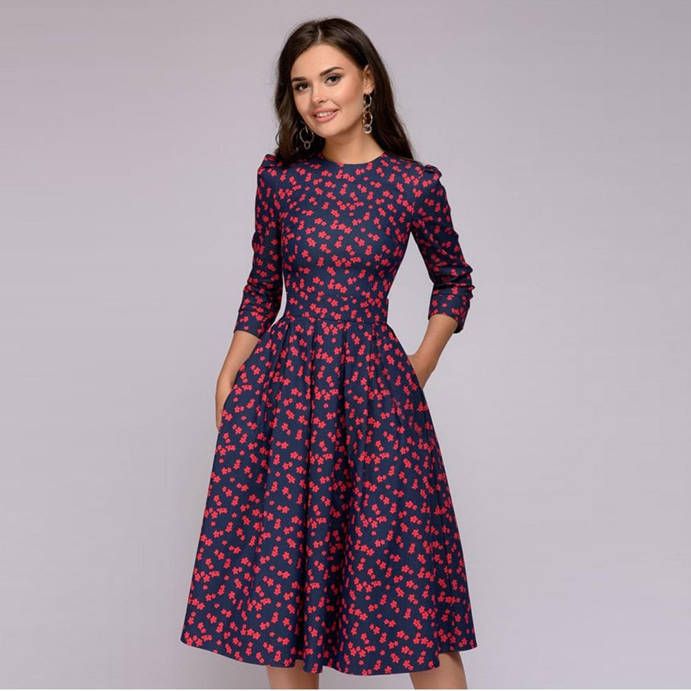 Lune London | Casual mid-length dress with round neck floral print and pockets