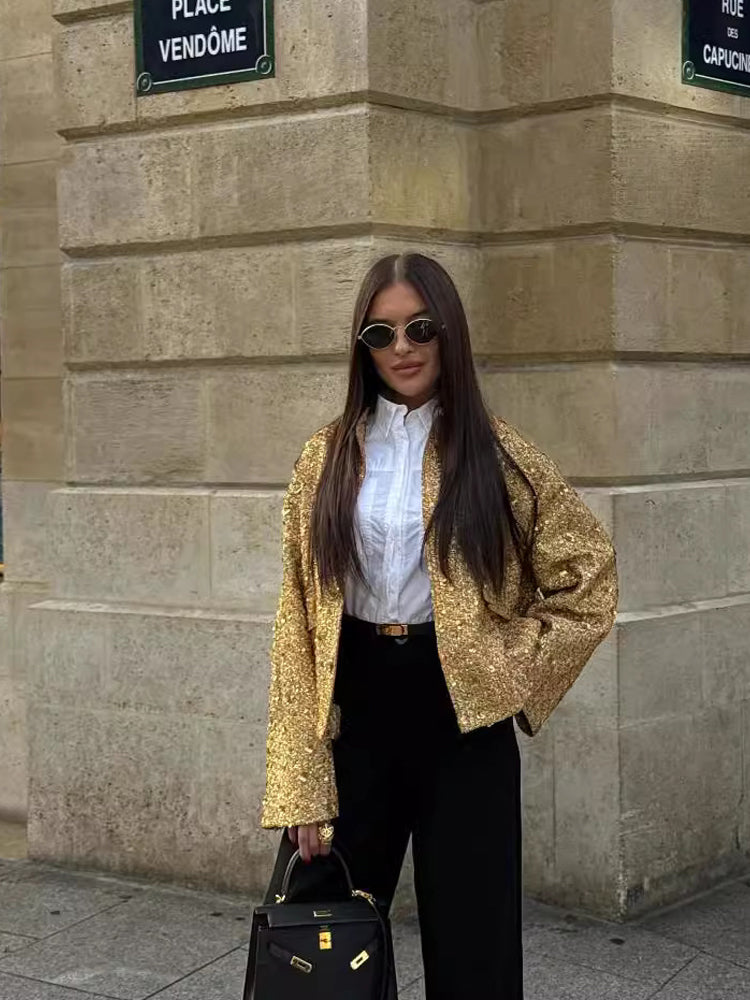 Lune London | Women's bomber jacket with golden sequins and relaxed fit for party or leisure use